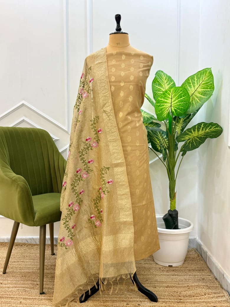Premium Banarasi Unstitched Salwar Kameez with Tissue Embroidery Dupatta