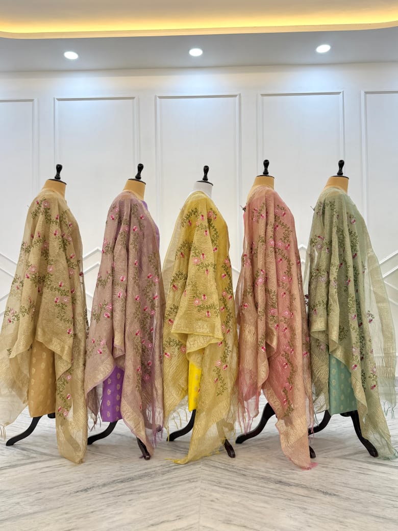 Premium Banarasi Unstitched Salwar Kameez with Tissue Embroidery Dupatta