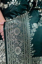 Premium Bottle Green  Banarasi Satin Katan Silk Saree with Rich Zari Weaving