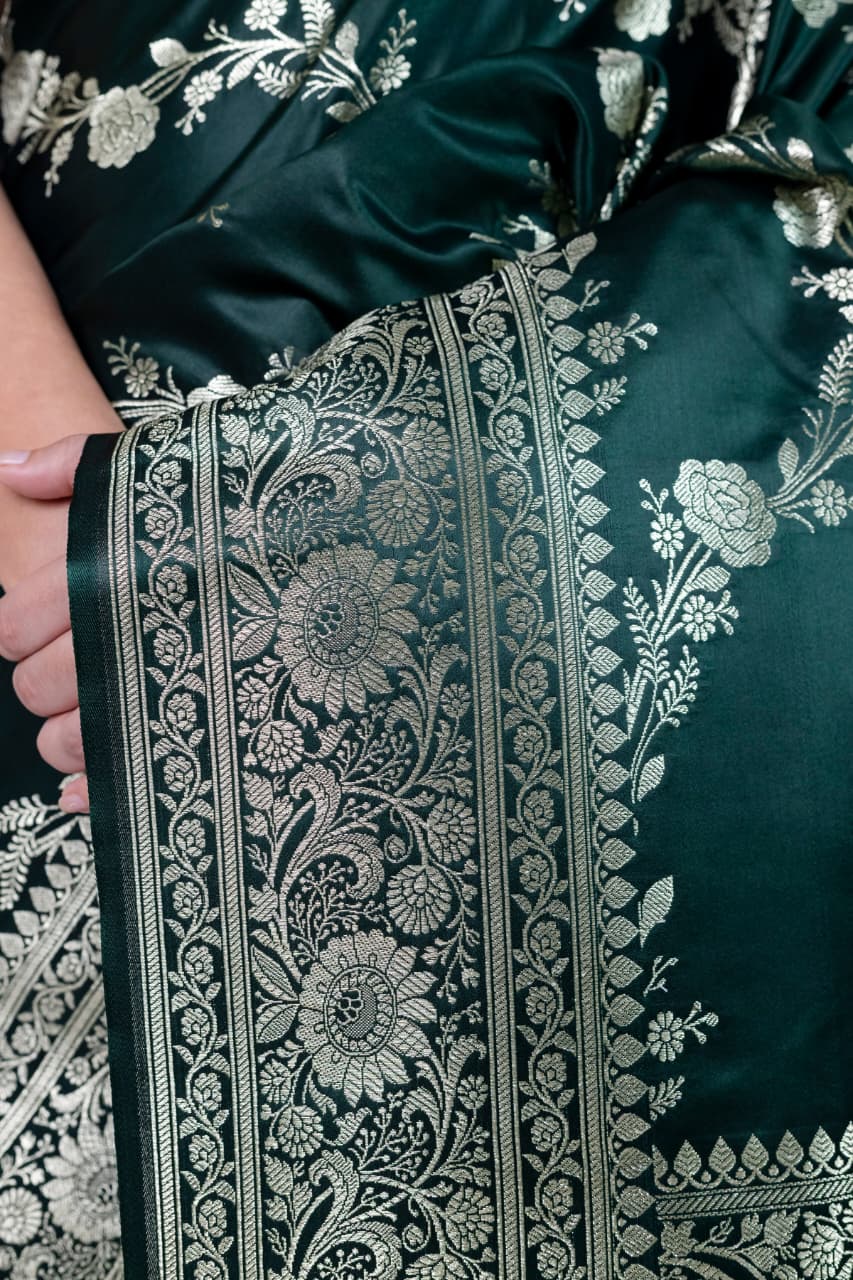 Premium Bottle Green  Banarasi Satin Katan Silk Saree with Rich Zari Weaving