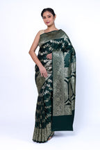 Premium Bottle Green  Banarasi Satin Katan Silk Saree with Rich Zari Weaving