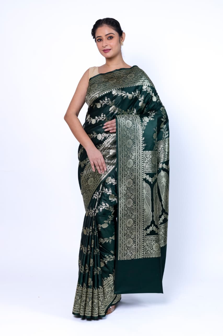 Premium Bottle Green  Banarasi Satin Katan Silk Saree with Rich Zari Weaving