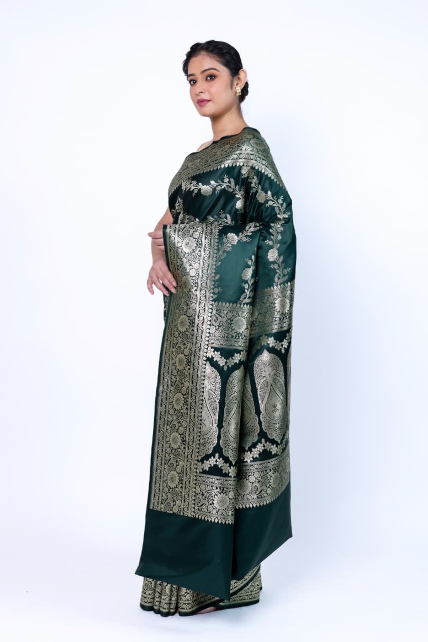 Premium Bottle Green  Banarasi Satin Katan Silk Saree with Rich Zari Weaving