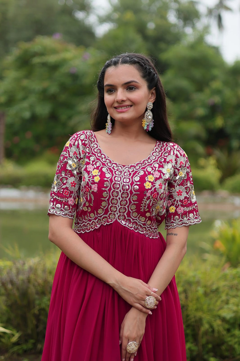 Premium  Designer Gown | Faux Blooming Fabric with Zari Sequins-Work