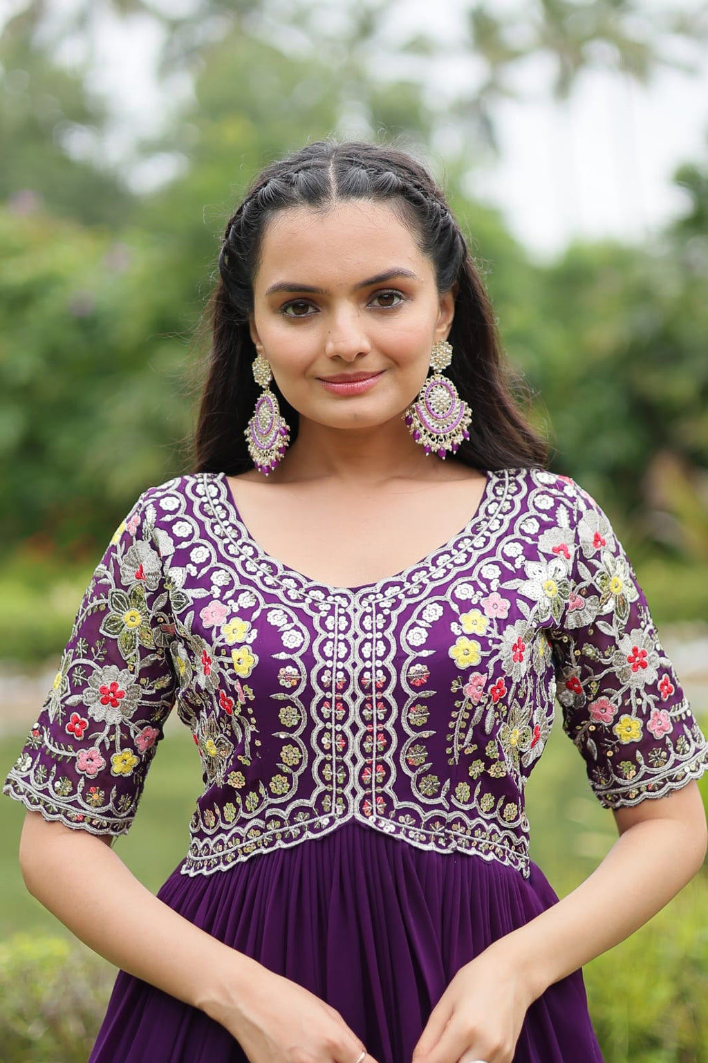 Premium  Designer Gown | Faux Blooming Fabric with Zari Sequins-Work