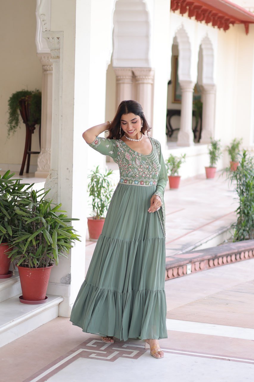 Premium Readymade Faux Blooming  Sequins & Multi-Thread Embroidered Gown with Dupatta