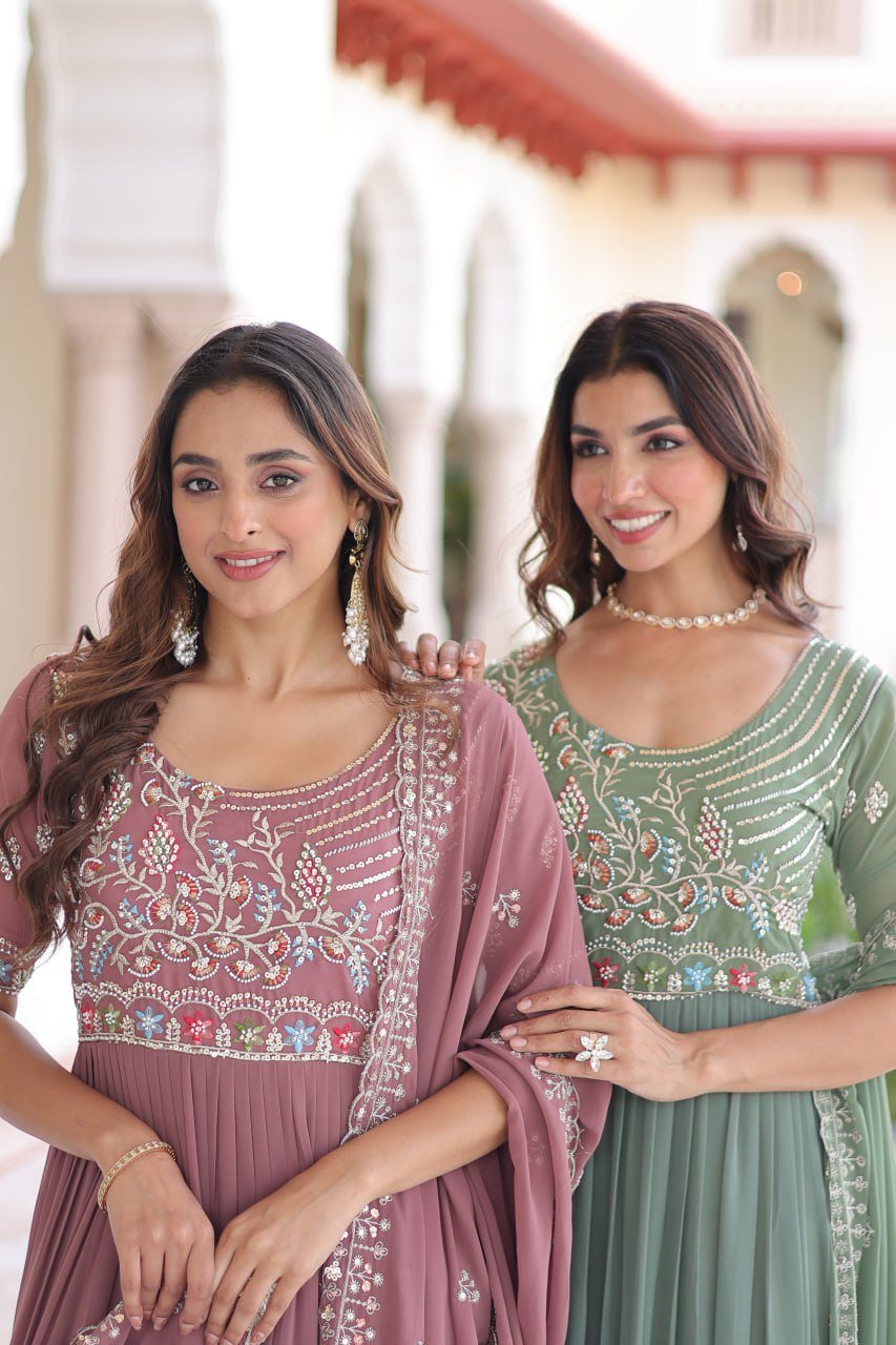 Premium Readymade Faux Blooming  Sequins & Multi-Thread Embroidered Gown with Dupatta