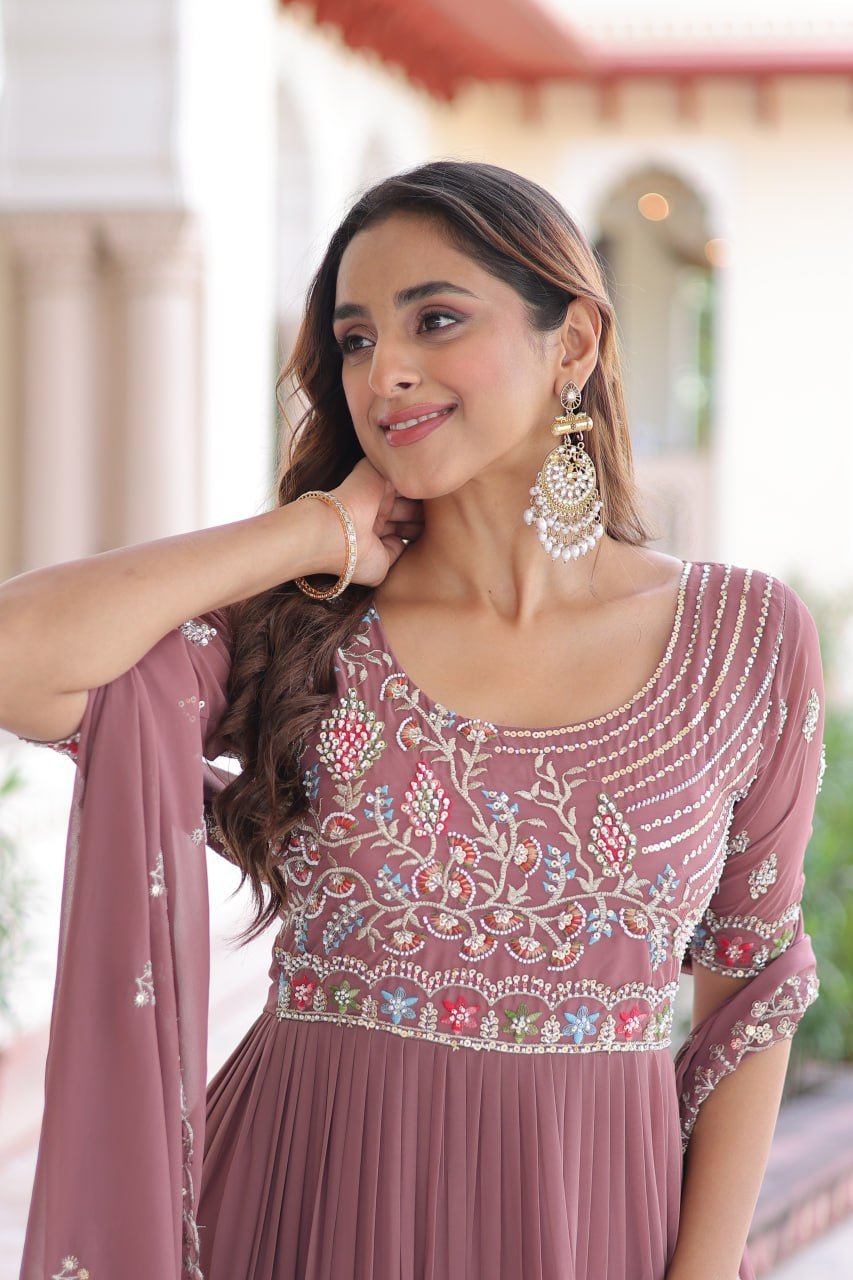 Premium Readymade Faux Blooming  Sequins & Multi-Thread Embroidered Gown with Dupatta
