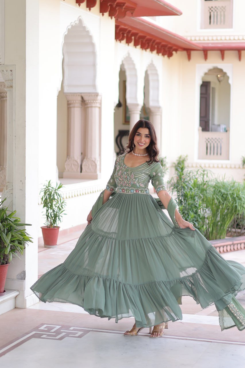 Premium Readymade Faux Blooming  Sequins & Multi-Thread Embroidered Gown with Dupatta