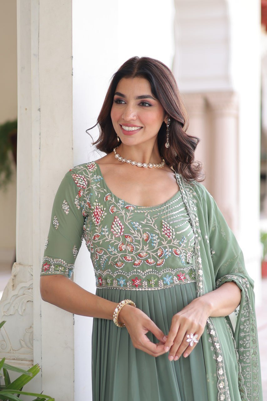 Premium Readymade Faux Blooming  Sequins & Multi-Thread Embroidered Gown with Dupatta