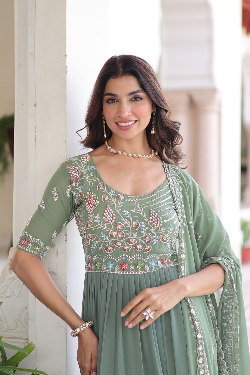 Premium Readymade Faux Blooming  Sequins & Multi-Thread Embroidered Gown with Dupatta