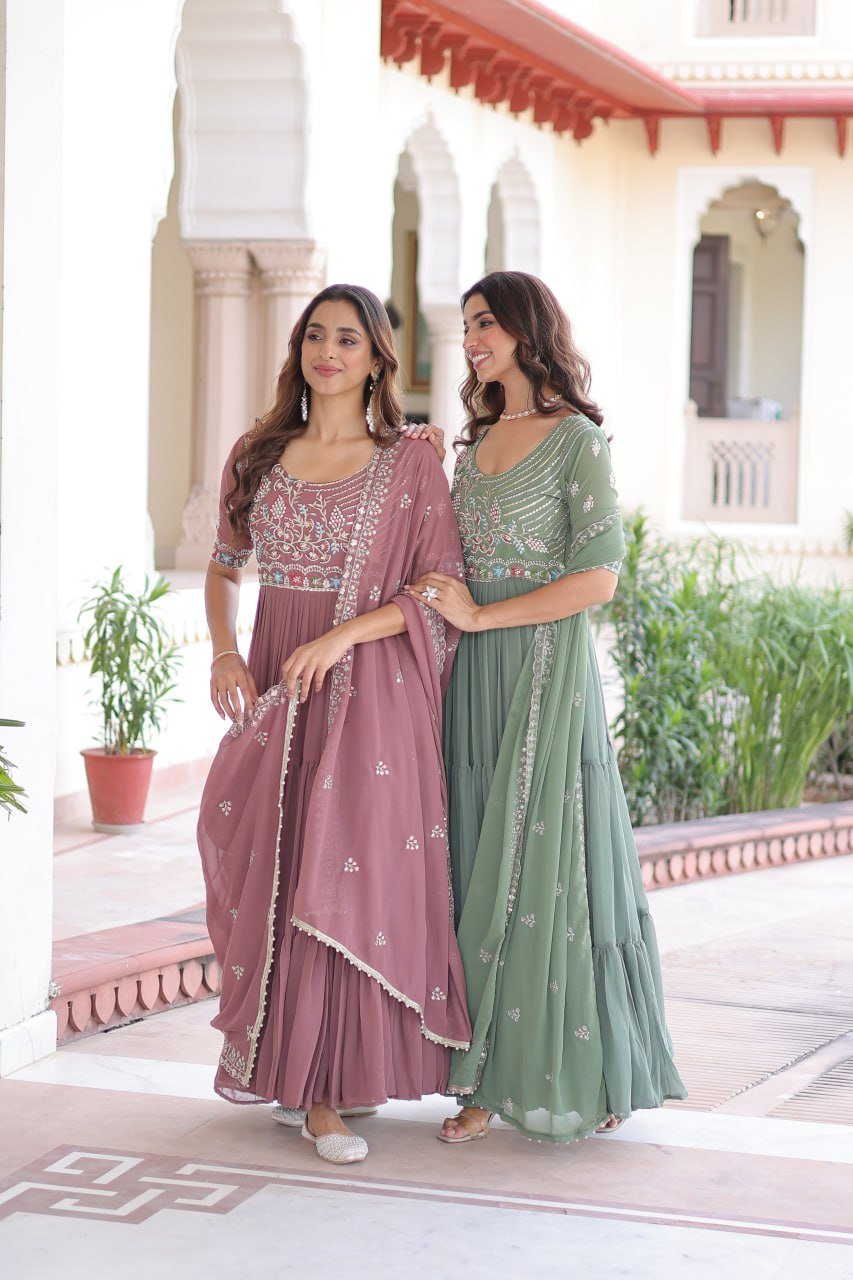 Premium Readymade Faux Blooming  Sequins & Multi-Thread Embroidered Gown with Dupatta