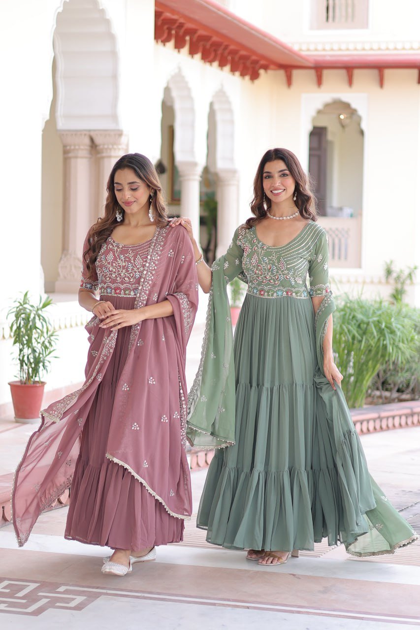 Premium Readymade Faux Blooming  Sequins & Multi-Thread Embroidered Gown with Dupatta
