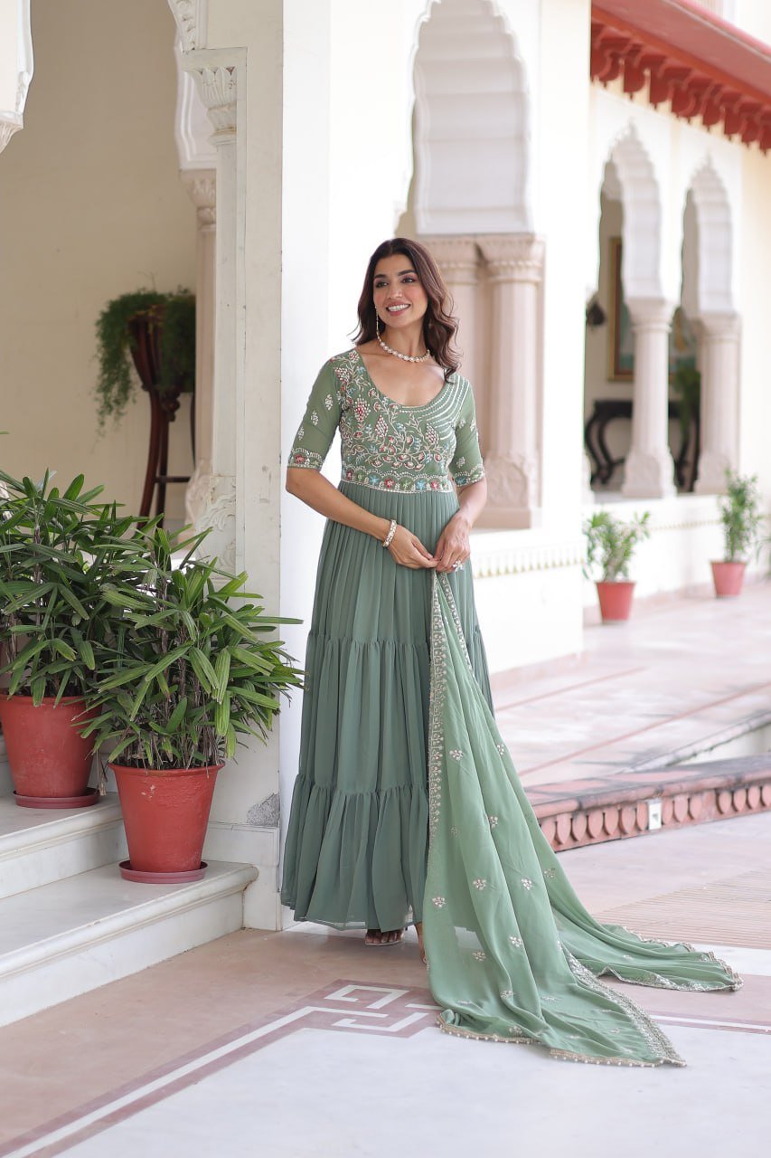 Premium Readymade Faux Blooming  Sequins & Multi-Thread Embroidered Gown with Dupatta
