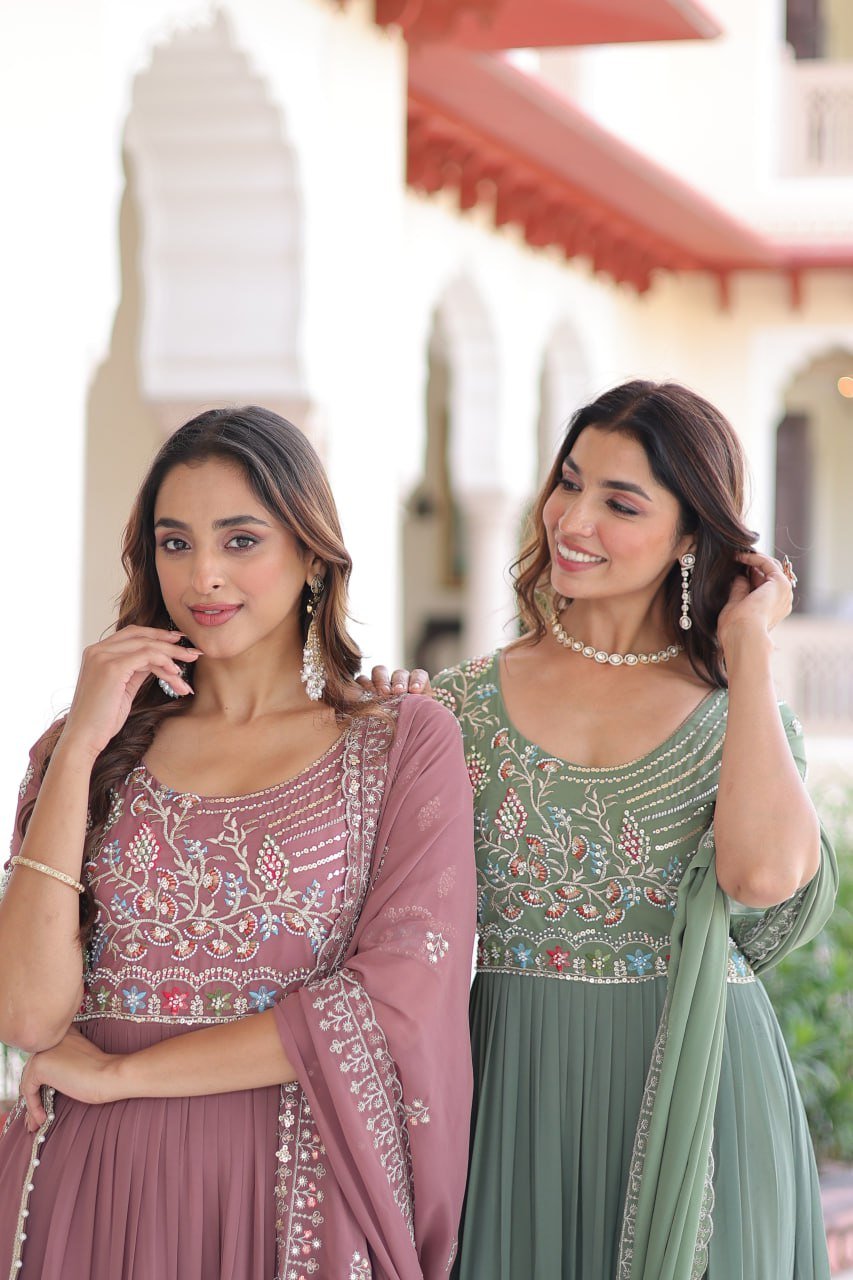 Premium Readymade Faux Blooming  Sequins & Multi-Thread Embroidered Gown with Dupatta