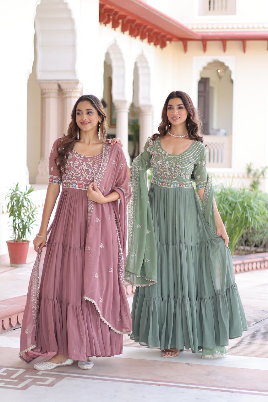 Premium Readymade Faux Blooming  Sequins & Multi-Thread Embroidered Gown with Dupatta