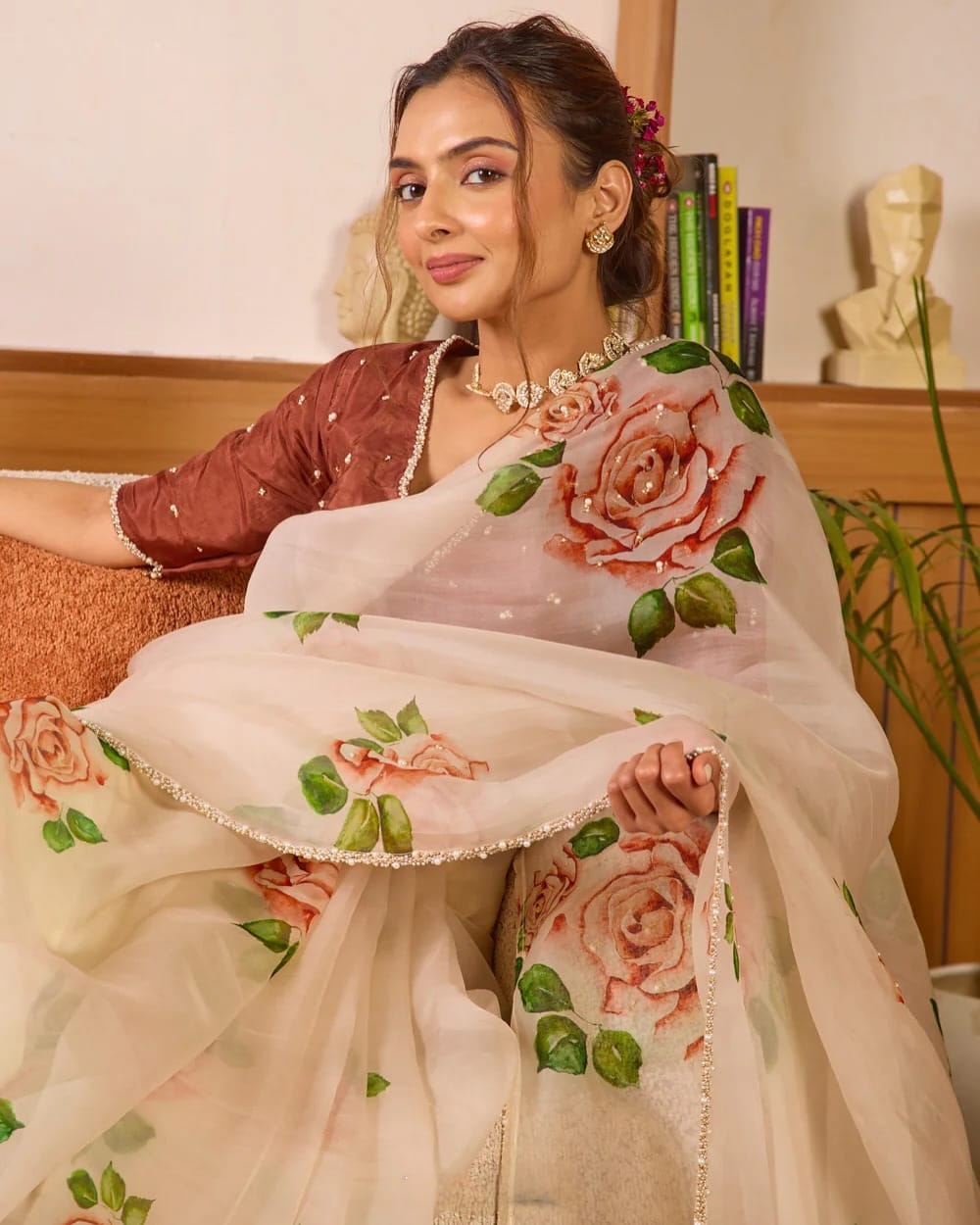 Pure Soft Tebby Silk Saree with Elegant Floral Prints and Heavy Handwork Border