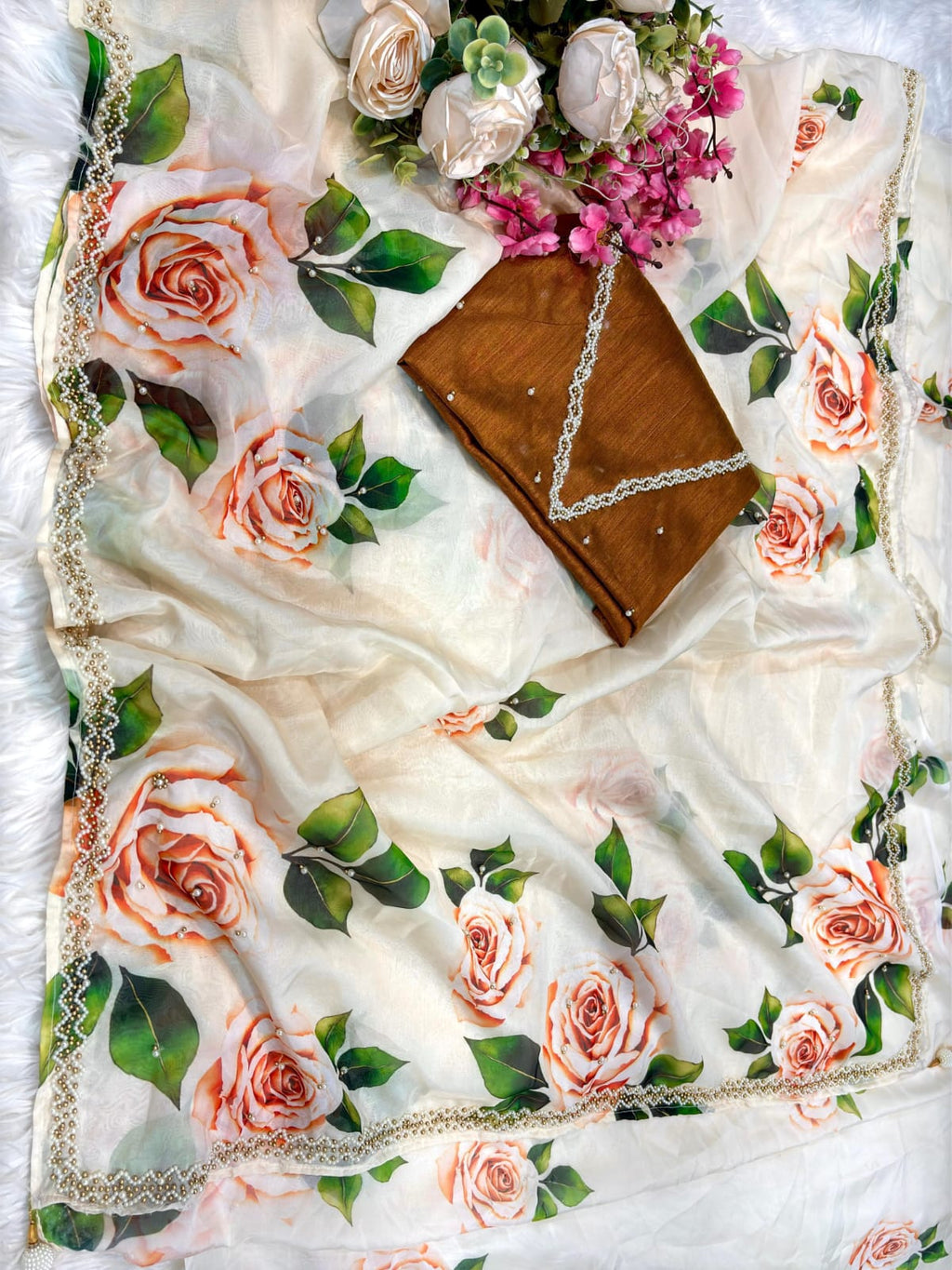 Pure Soft Tebby Silk Saree with Elegant Floral Prints and Heavy Handwork Border