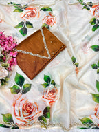 Pure Soft Tebby Silk Saree with Elegant Floral Prints and Heavy Handwork Border