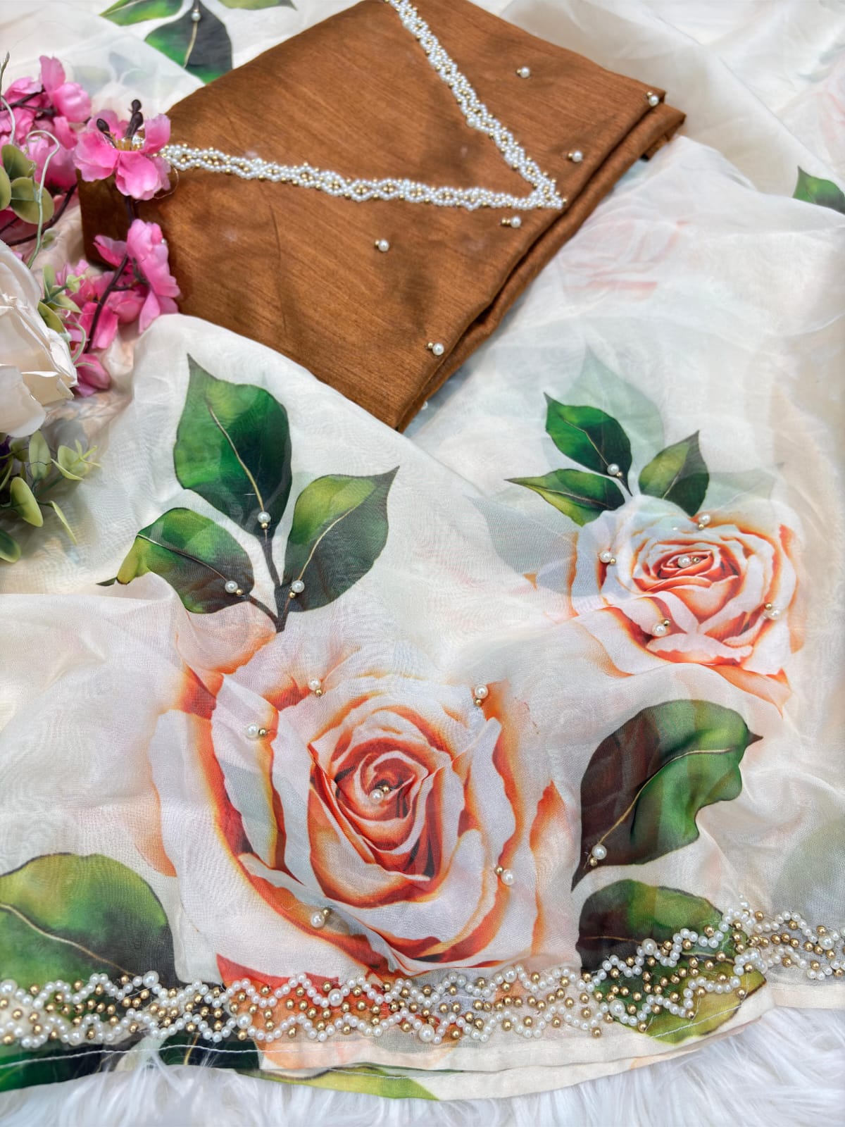 Pure Soft Tebby Silk Saree with Elegant Floral Prints and Heavy Handwork Border