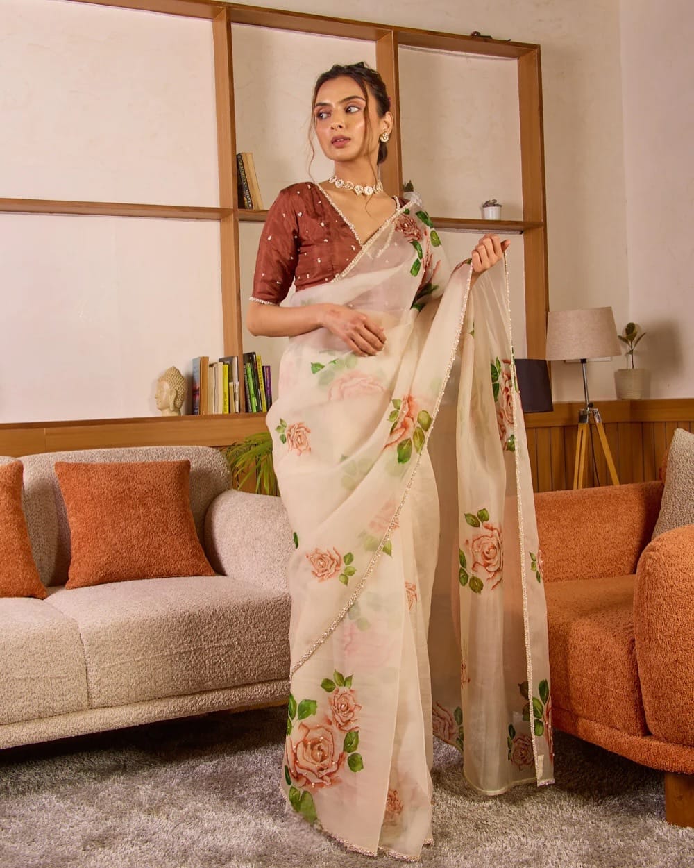 Pure Soft Tebby Silk Saree with Elegant Floral Prints and Heavy Handwork Border