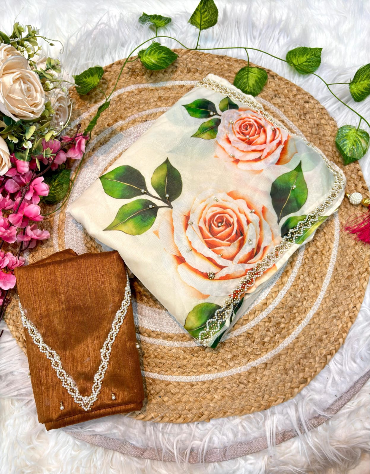 Pure Soft Tebby Silk Saree with Elegant Floral Prints and Heavy Handwork Border