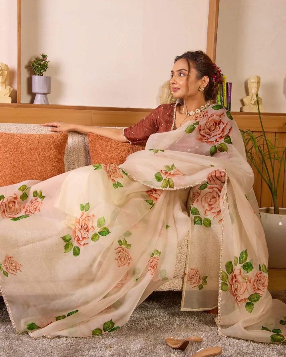 Pure Soft Tebby Silk Saree with Elegant Floral Prints and Heavy Handwork Border