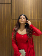 Red Fox Georgette Anarkali Suit with Handwork & Lace Dupatta