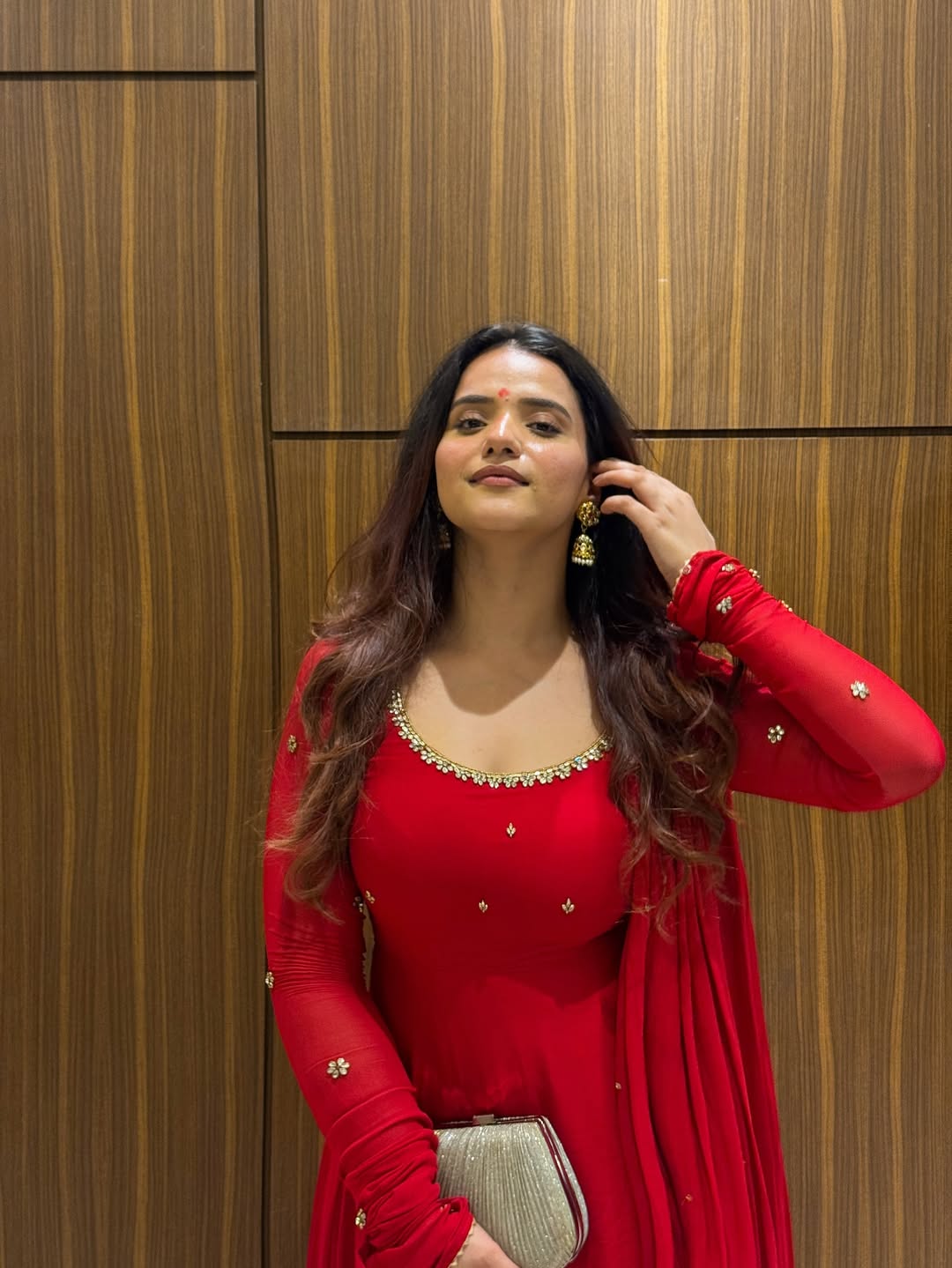 Red Fox Georgette Anarkali Suit with Handwork & Lace Dupatta