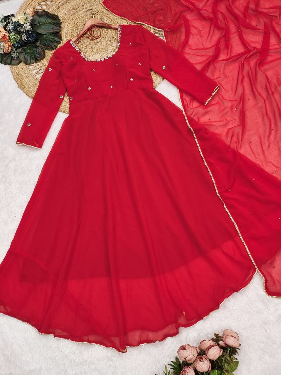 Red Fox Georgette Anarkali Suit with Handwork & Lace Dupatta