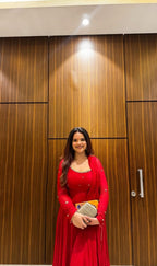 Red Fox Georgette Anarkali Suit with Handwork & Lace Dupatta