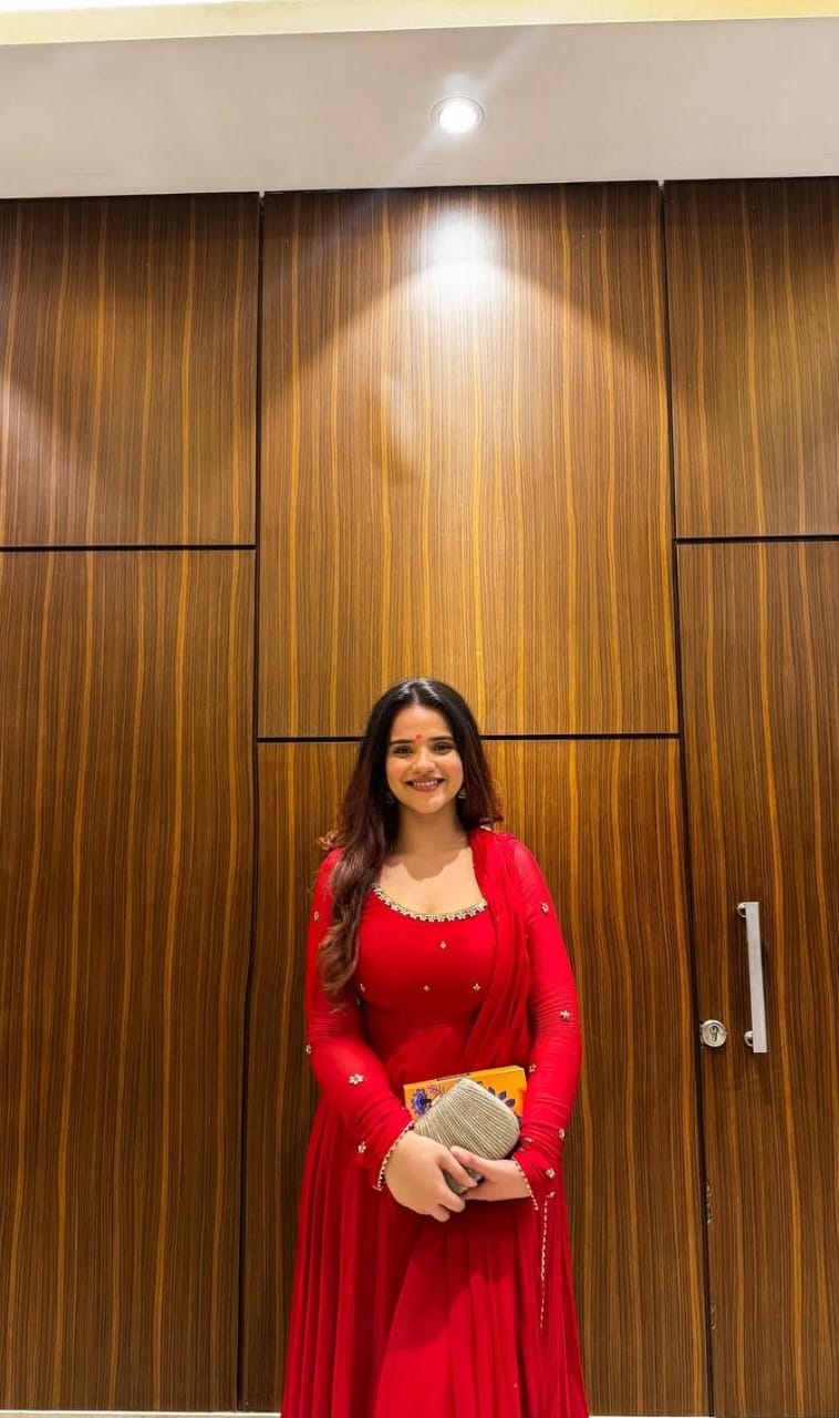 Red Fox Georgette Anarkali Suit with Handwork & Lace Dupatta