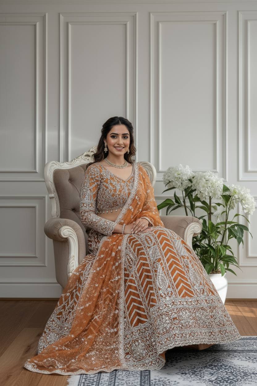 Rust Orange Butterfly Net Lehenga Choli with Sequins and Cording Embroidery