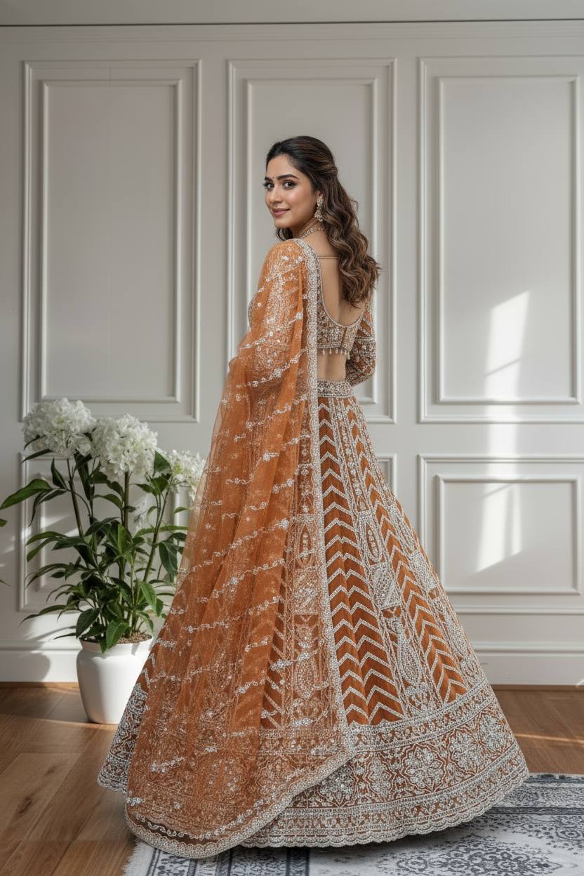 Rust Orange Butterfly Net Lehenga Choli with Sequins and Cording Embroidery