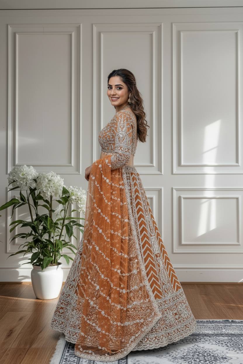 Rust Orange Butterfly Net Lehenga Choli with Sequins and Cording Embroidery