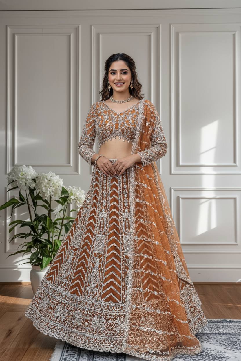 Rust Orange Butterfly Net Lehenga Choli with Sequins and Cording Embroidery