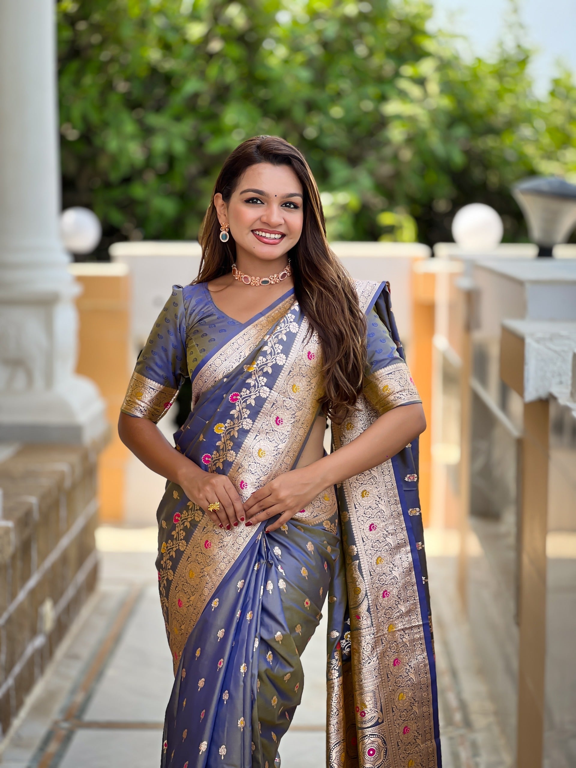 Soft Banarasi Silk Saree with Zari Weaving and Meenakari Design