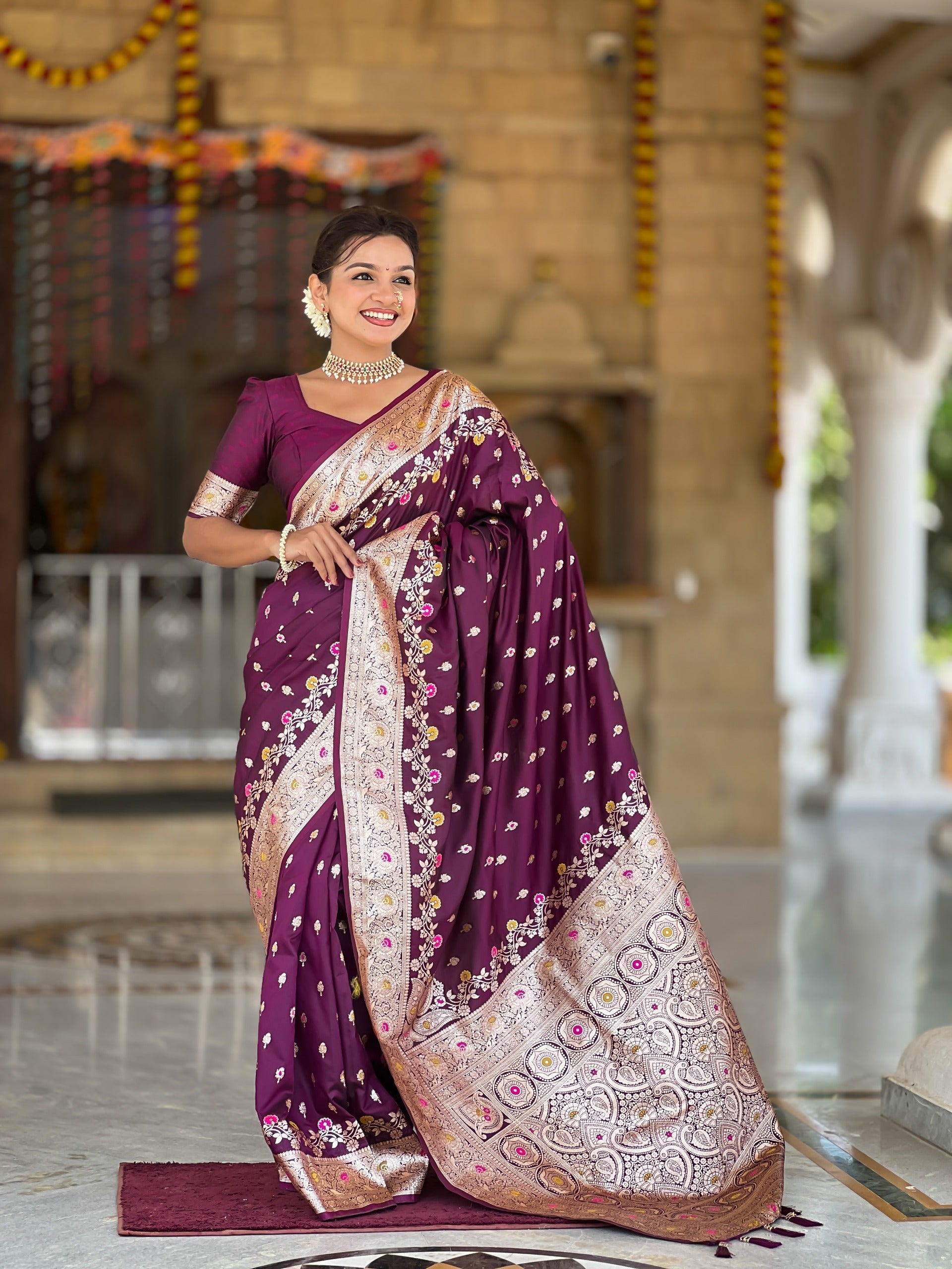 Soft Banarasi Silk Saree with Zari Weaving and Meenakari Design