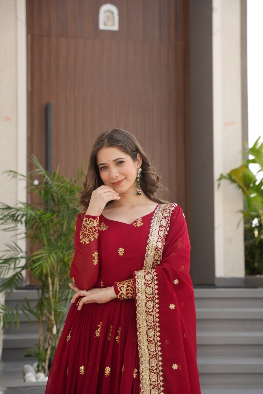 Stunning Faux Blooming Gown with Full Zari Embroidered Flair & Dupatta