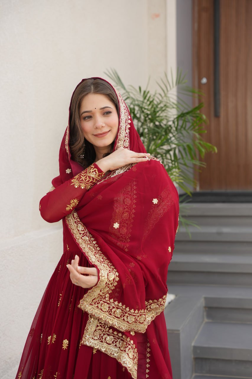 Stunning Faux Blooming Gown with Full Zari Embroidered Flair & Dupatta