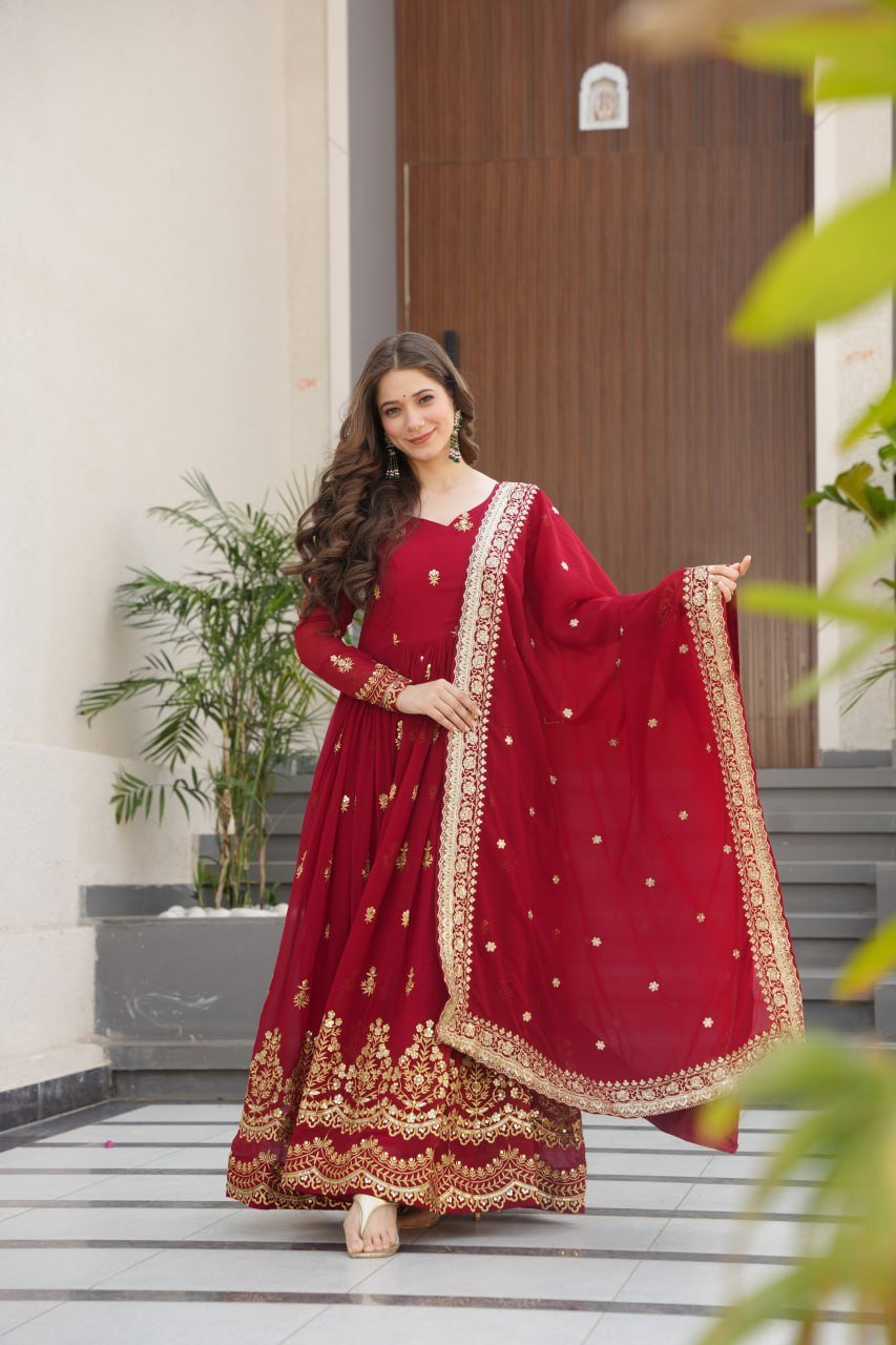 Stunning Faux Blooming Gown with Full Zari Embroidered Flair & Dupatta