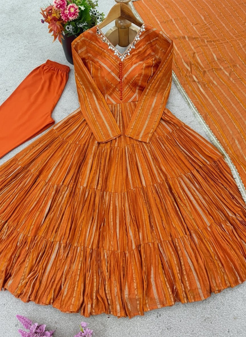 Vibrant Orange Mal Chanderi Ruffle Gown Set with  Real Mirror Handwork.