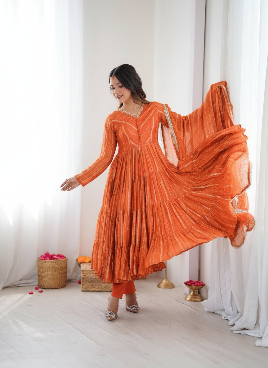 Vibrant Orange Mal Chanderi Ruffle Gown Set with  Real Mirror Handwork.