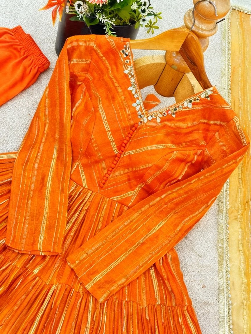 Vibrant Orange Mal Chanderi Ruffle Gown Set with  Real Mirror Handwork.