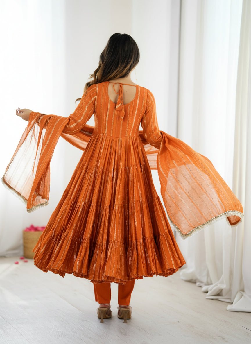 Vibrant Orange Mal Chanderi Ruffle Gown Set with  Real Mirror Handwork.